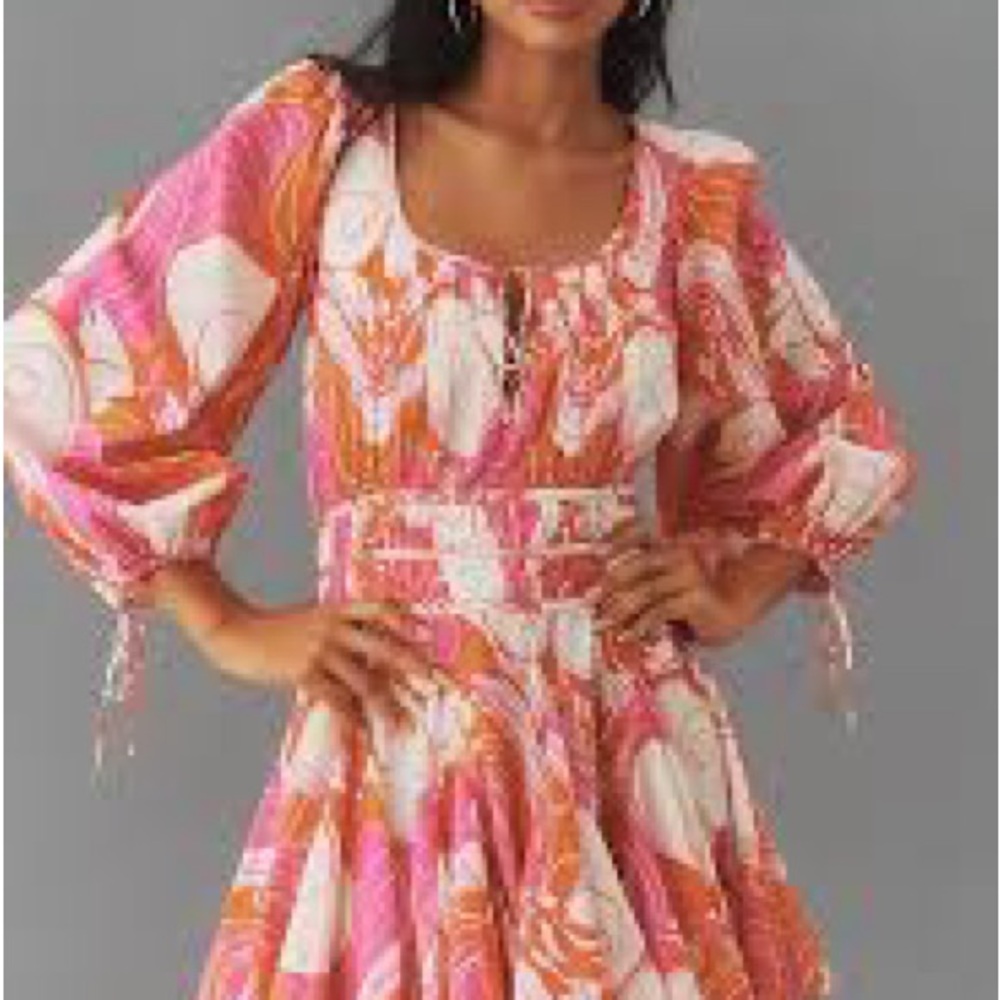 RHODE Leona Mini Dress in Vibrant Pink Deco Surf Print Long Sleeve Dress XS NEW
